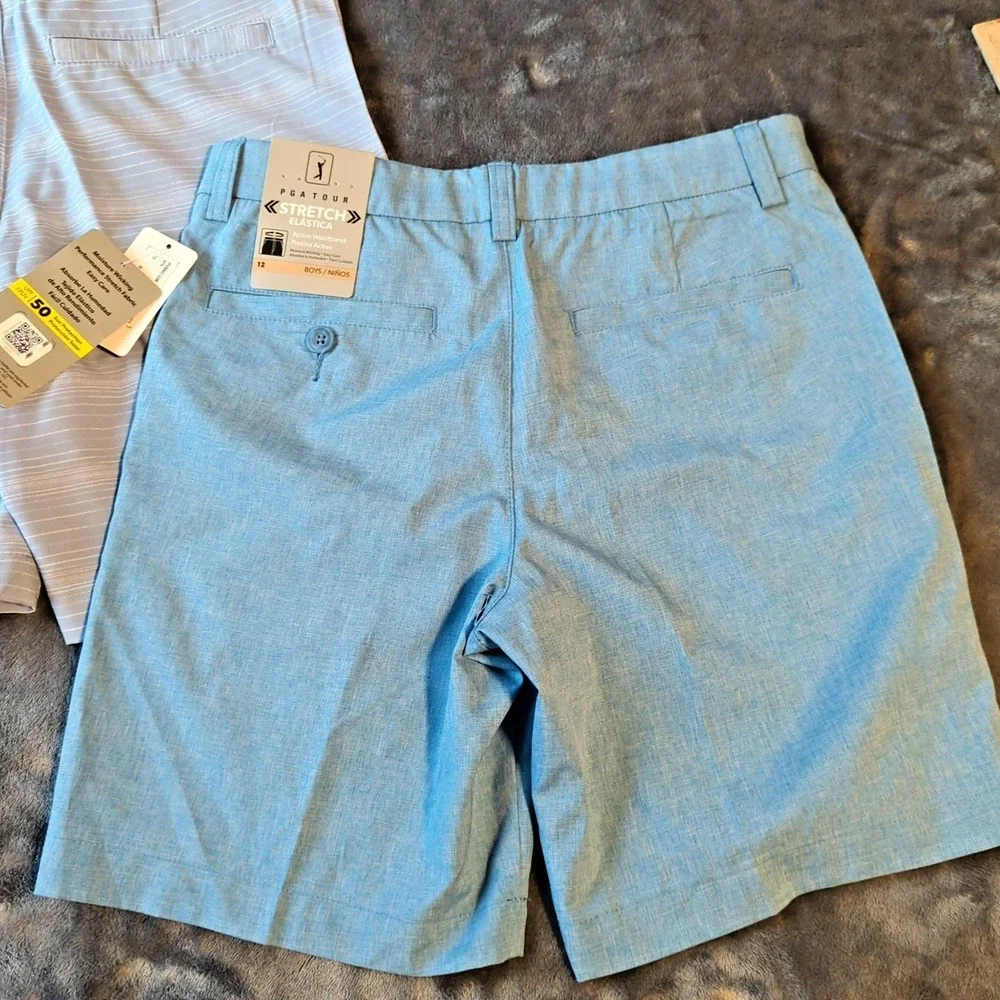 2 Boys PGA Tour Flat Front Golf Shorts Size 12, Blue & Stripe NEW MSRP $72